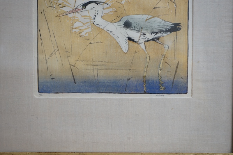 Allen W. Seaby (1867-1953), woodcut in colour, ‘Heron’, signed in pencil, limited edition 4/100, label verso, 16 x 22cm. Condition - good